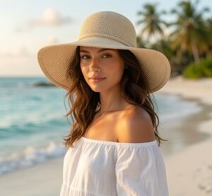 Crochet Raffia Look Wide Brim Bucket Sun Hat Packable Natural Tan 100% Paper VG